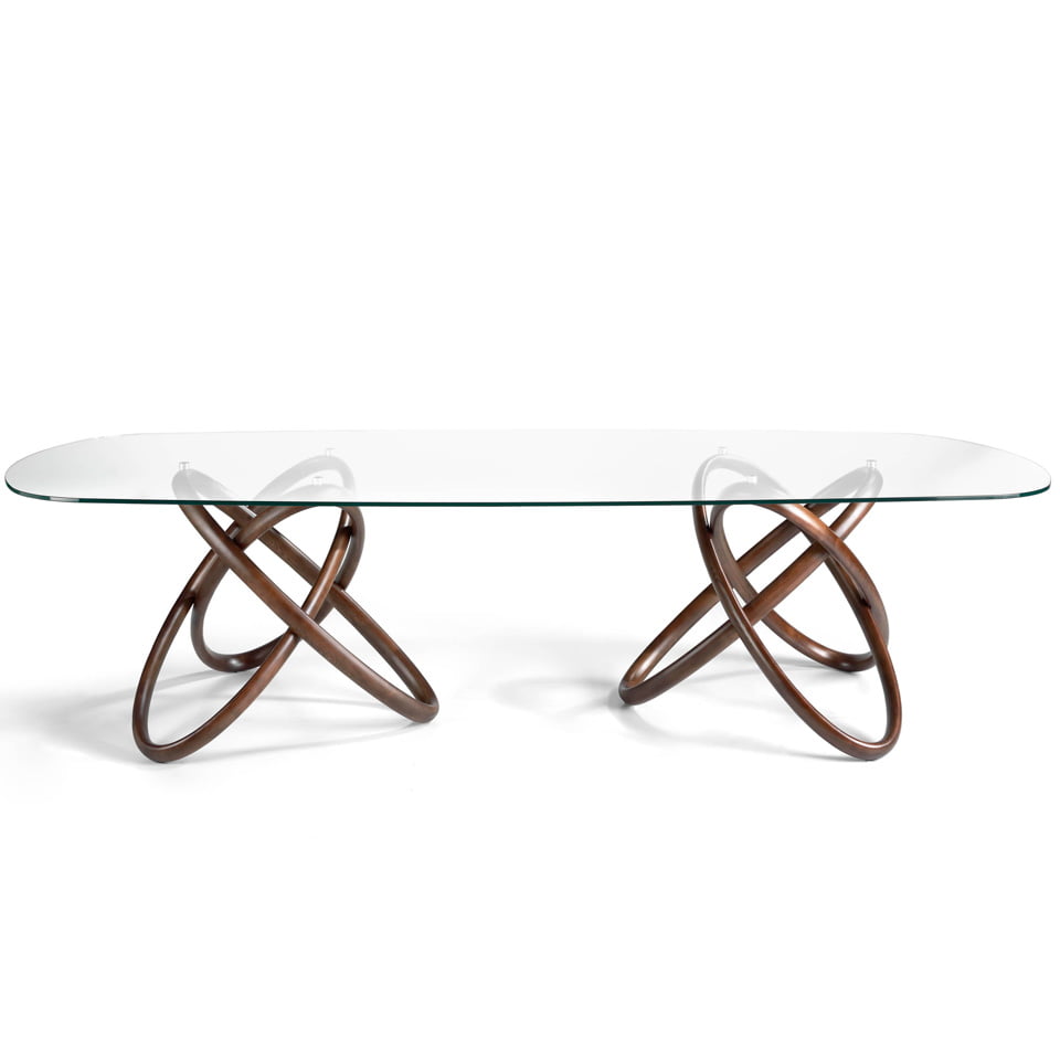 Glass dining table with double base in solid walnut wood Glass dining table with double base in solid walnut wood