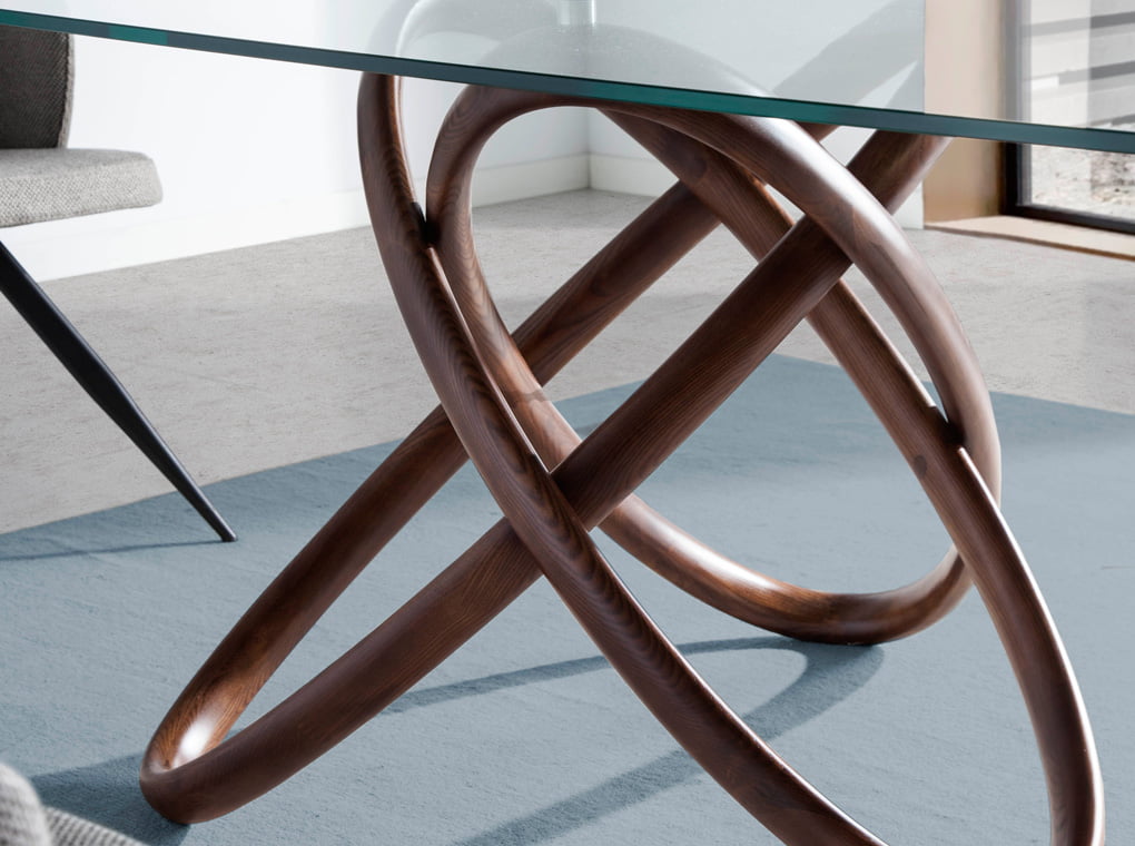 Glass dining table with double base in solid walnut wood Glass dining table with double base in solid walnut wood