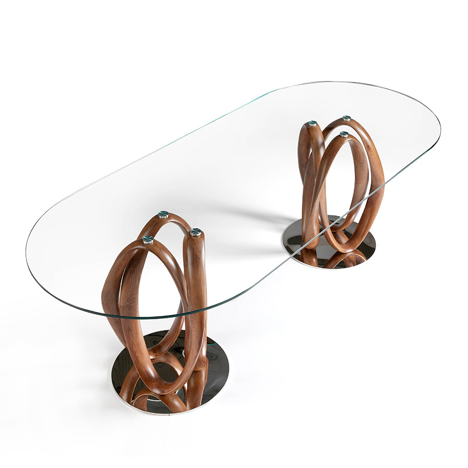 Tempered glass dining table and double solid walnut base Tempered glass dining table and double solid walnut base