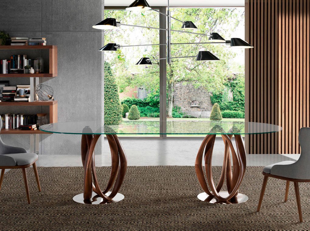 Tempered glass dining table and double solid walnut base Tempered glass dining table and double solid walnut base