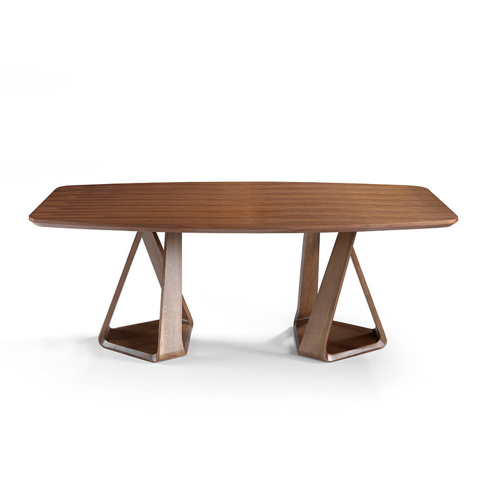 Two-base bent solid wood dining table with walnut wood-plated tabletop Two-base bent solid wood dining table with walnut wood-plated tabletop