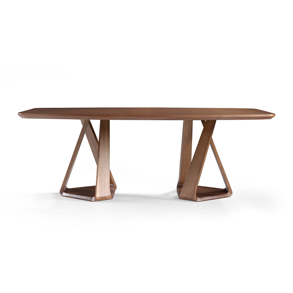 Two-base bent solid wood dining table with walnut wood-plated tabletop Two-base bent solid wood dining table with walnut wood-plated tabletop