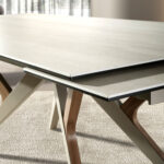 Rectangular extending dining table in porcelain marble, metallic sand steel and walnut