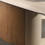 Rectangular extending dining table in porcelain marble, metallic sand steel and walnut