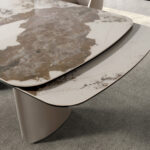 Table à manger ovale extensible en forme de tonneau en marbre céramique et acier taupe métallisé