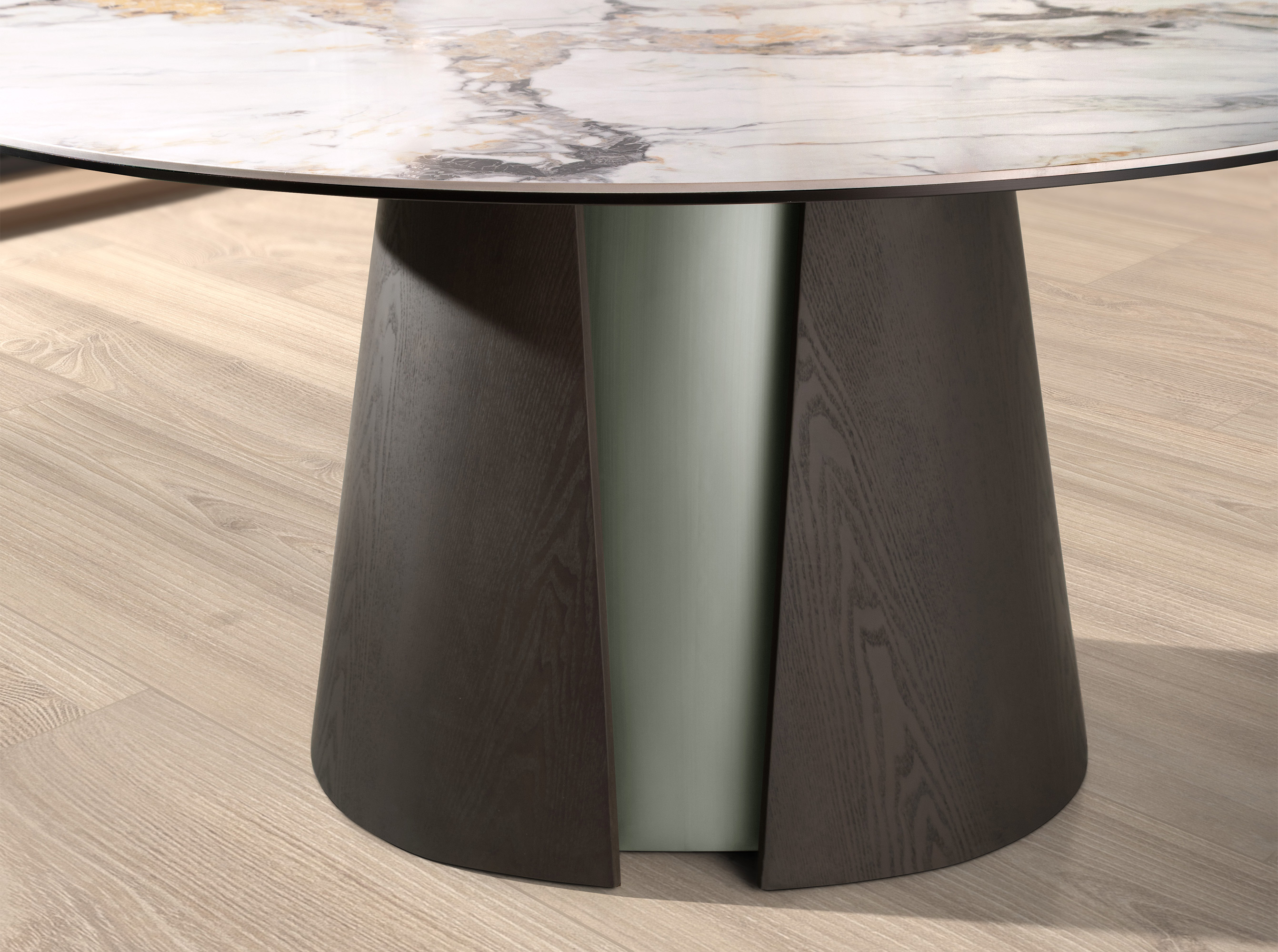 Mesa comedor redonda mármol porcelánico, roble ceniza oscuro y madera color plata Mesa comedor redonda mármol porcelánico, roble ceniza oscuro y madera color plata