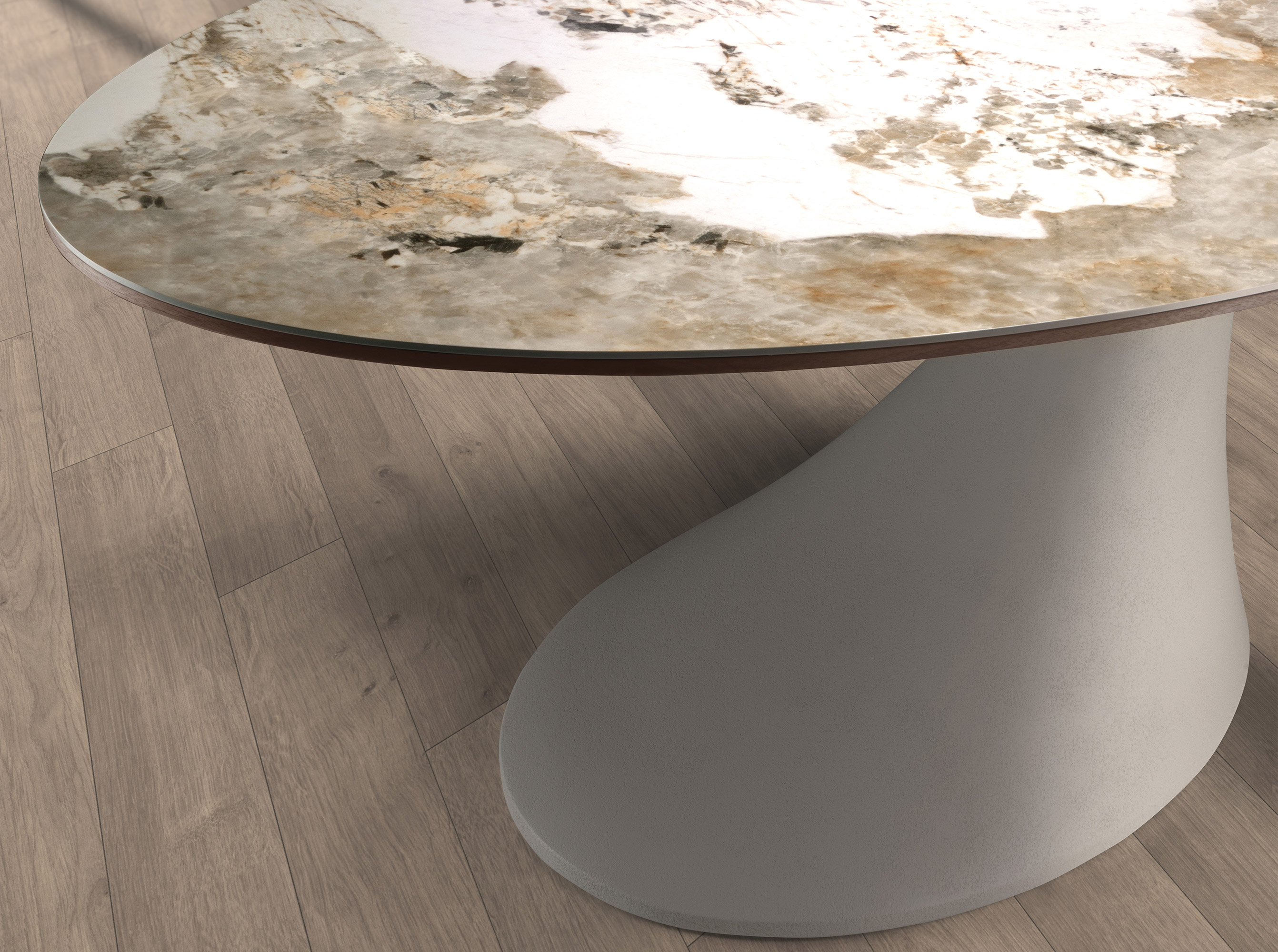 Oval dining table in porcelain marble and sand-coloured epoxy fiberglass Oval dining table in porcelain marble and sand-coloured epoxy fiberglass