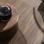 Table basse ronde en verre trempé et bois de noyer