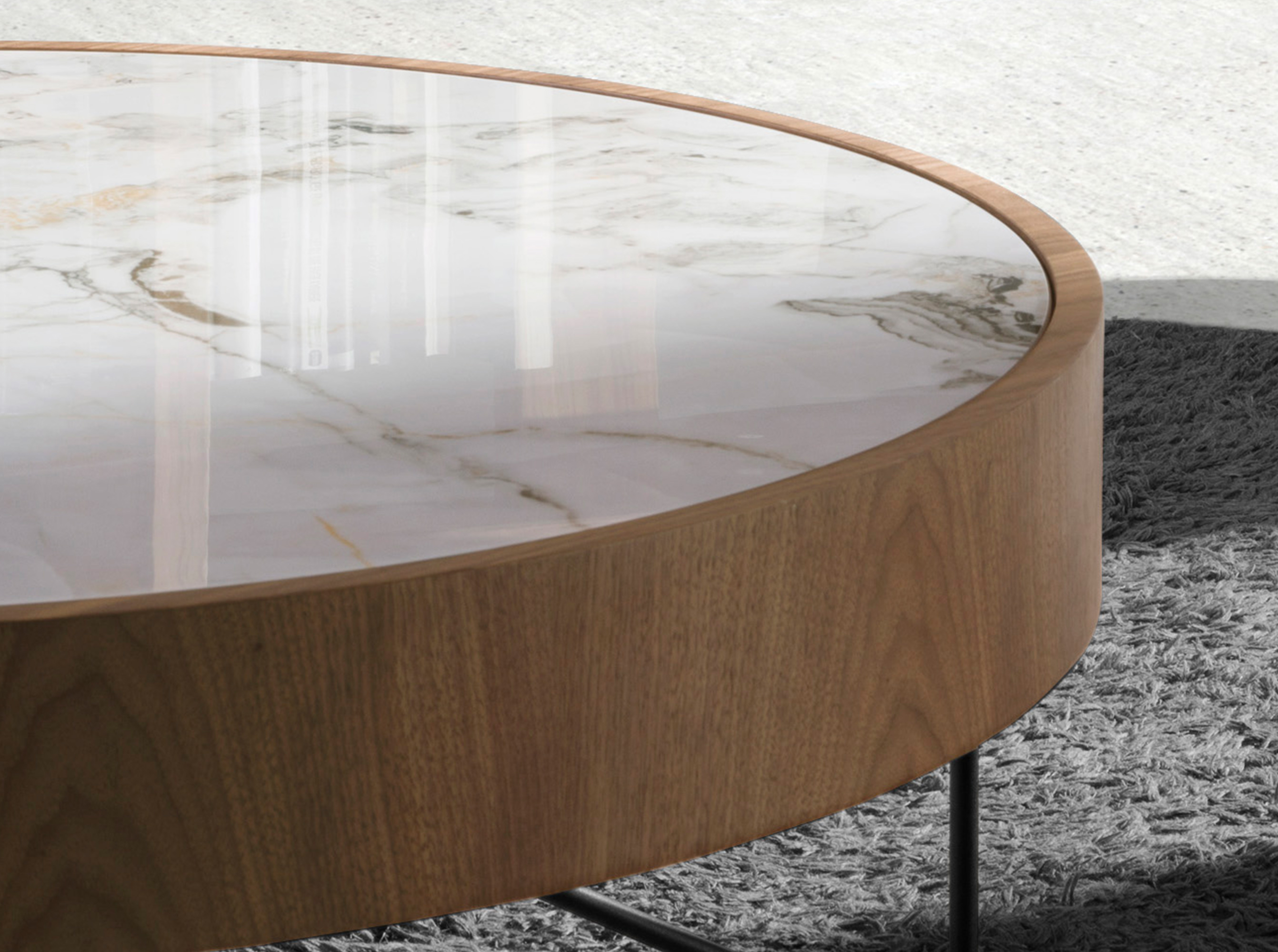 Round coffee table in porcelain marble, walnut and black steel Round coffee table in porcelain marble, walnut and black steel