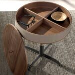 Round corner table leather, walnut and grey steel