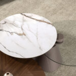Table basse extensible ronde en verre trempé, marbre céramique et acier gris argenté