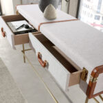 Rechteckiger Konsolentisch, Stoff, Nussbaum und polierter Goldstahl