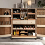 High sideboard leather, walnut and polished steel