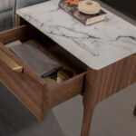 Walnut bedside table with imitation marble glass top and interior lighting