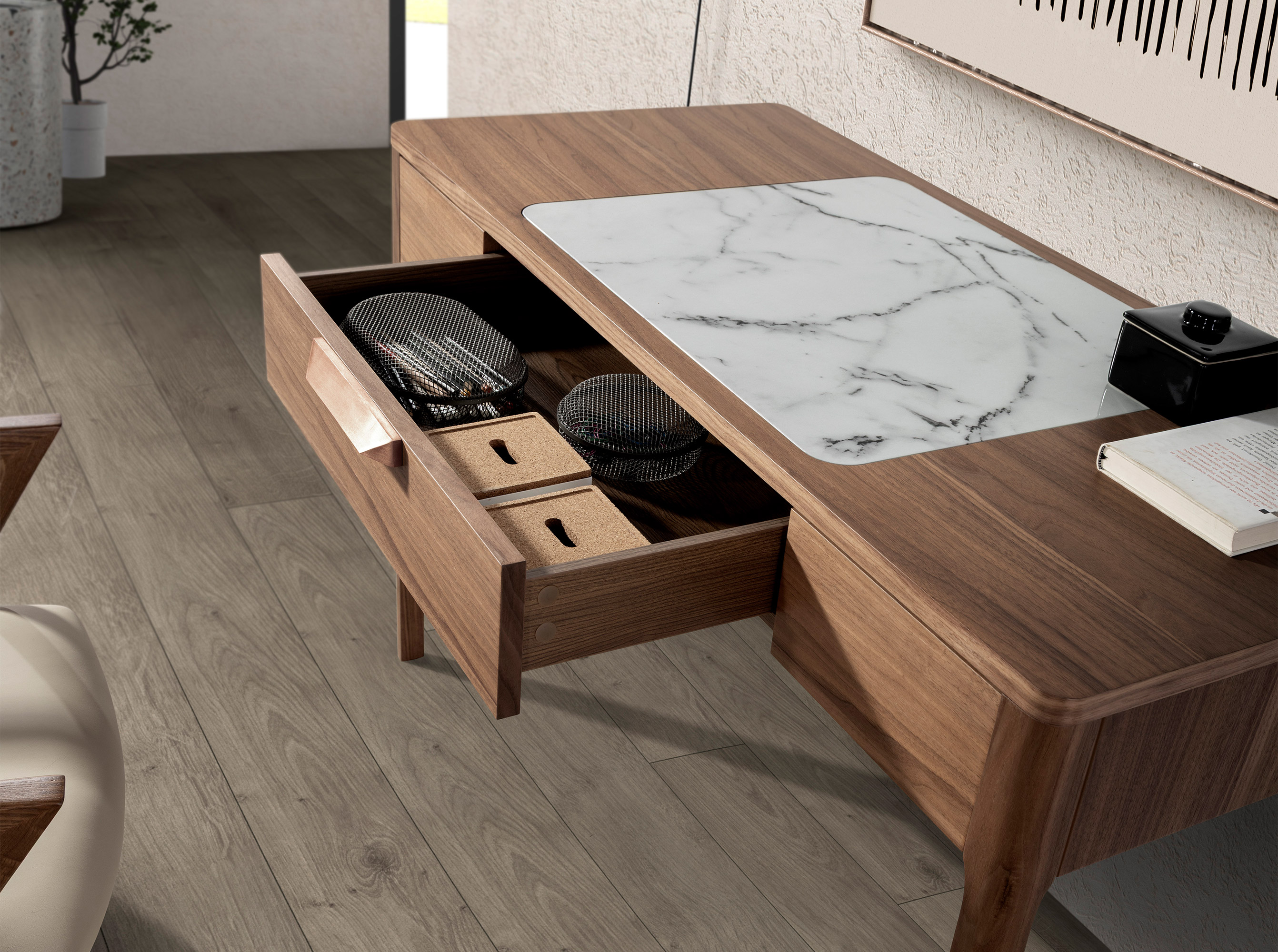 Comodino in noce con piano in vetro effetto marmo bianco e grigio lucido Comodino in noce con piano in vetro effetto marmo bianco e grigio lucido