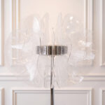 Chromed floor lamp with decorative shade in translucent PVC sheets and porcelain marble base