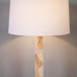 Floor lamp with white shade and burl veneer wrapped body