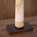 Table lamp with white shade and burl wood veneer body