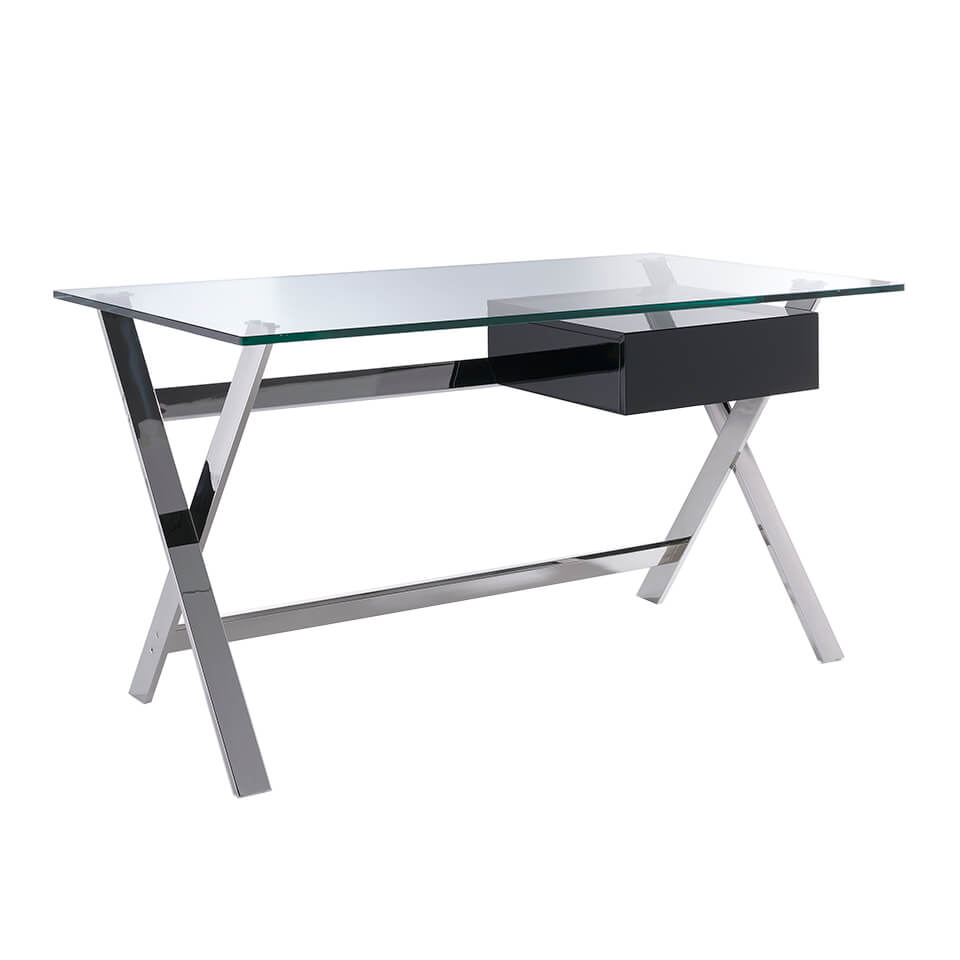 Office desk with tempered glass top and lacquered Mdf drawer. Stainless steel frame. Office desk with tempered glass top and lacquered Mdf drawer. Stainless steel frame.