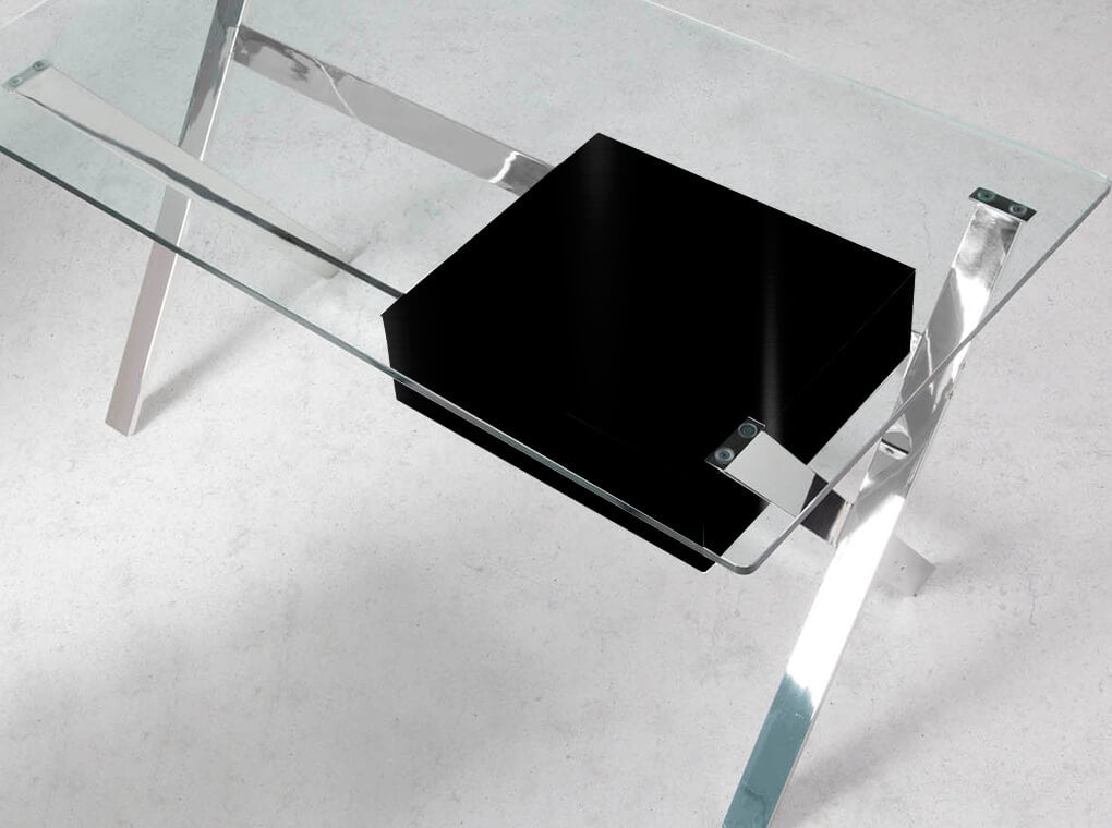 Office desk with tempered glass top and lacquered Mdf drawer. Stainless steel frame. Office desk with tempered glass top and lacquered Mdf drawer. Stainless steel frame.