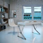 White wooden office desk and chrome steel