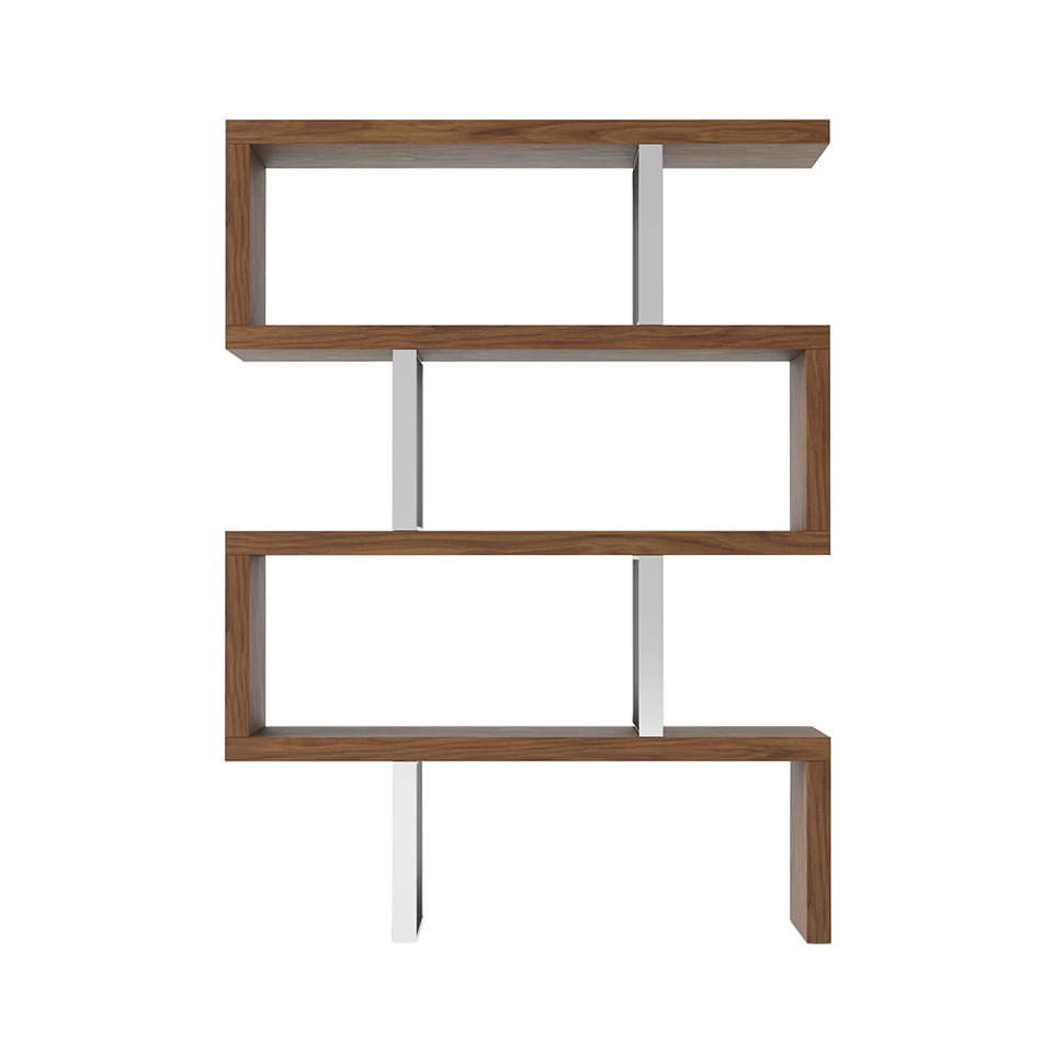 Walnut colored wooden shelf and chrome steel