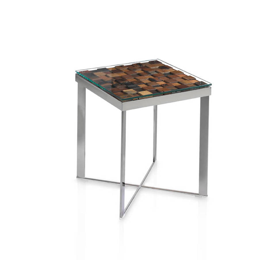 Steel corner table and recycled wooden cover. Steel corner table and recycled wooden cover.