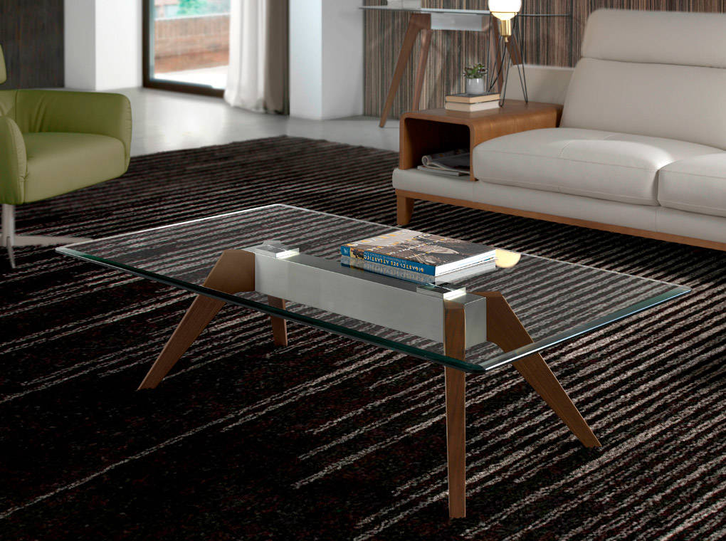 Coffee table with tempered glass tabletop, stainless steel base and walnut legs Coffee table with tempered glass tabletop, stainless steel base and walnut legs
