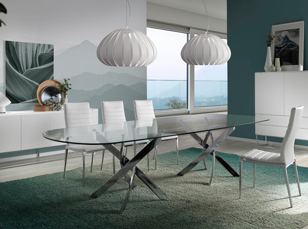 Dining table with two stainless steel legs Dining table with two stainless steel legs