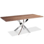 Walnut wood dining table and curved chrome steel