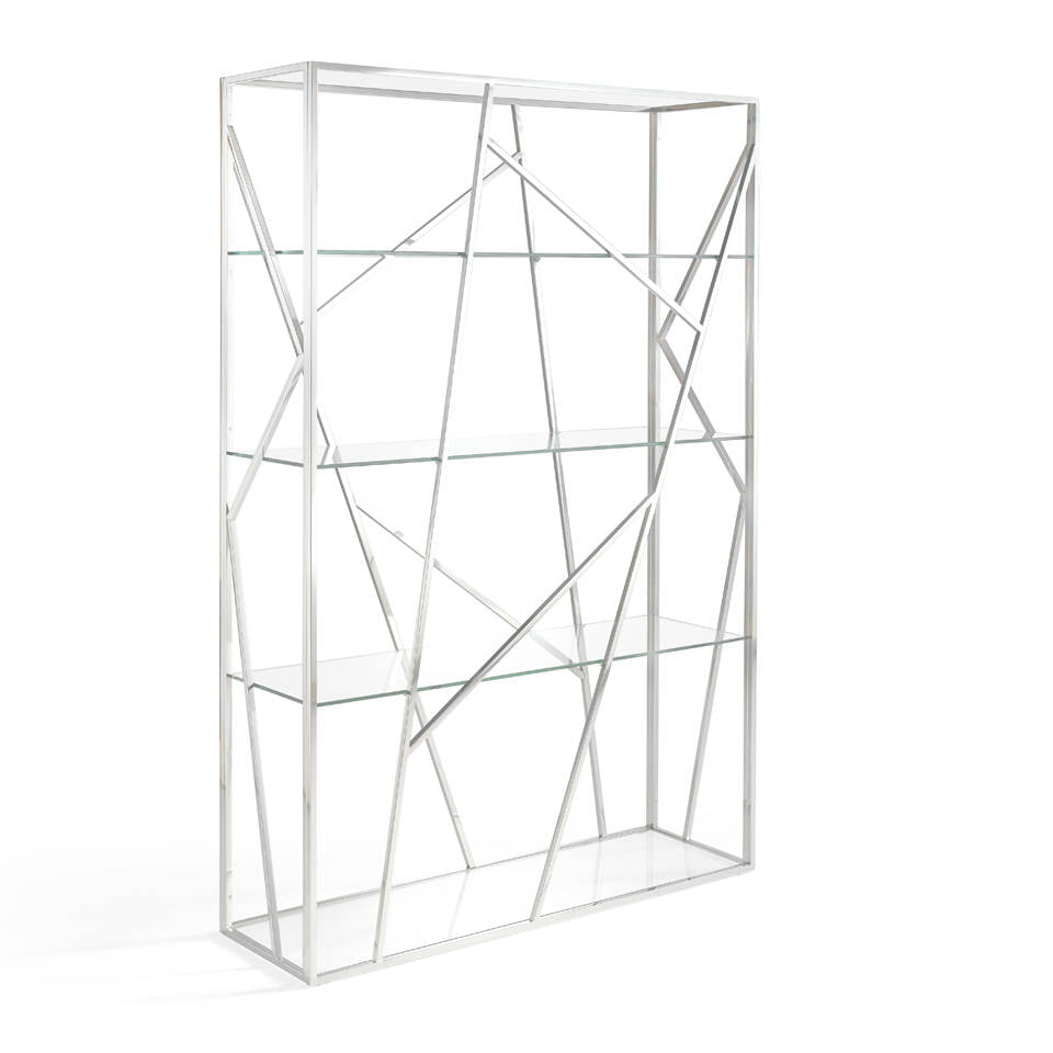 Bookshelves in stainless steel frame with tempered glass shelves Bookshelves in stainless steel frame with tempered glass shelves
