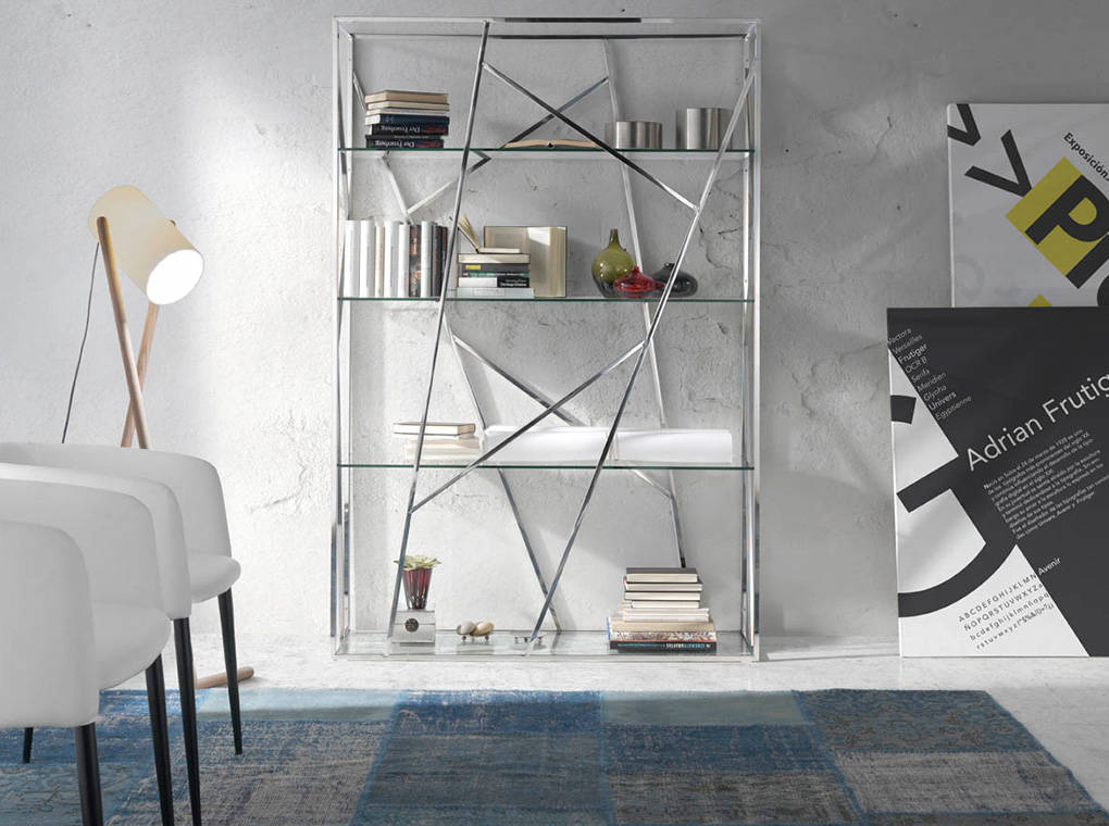 Bookshelves in stainless steel frame with tempered glass shelves Bookshelves in stainless steel frame with tempered glass shelves