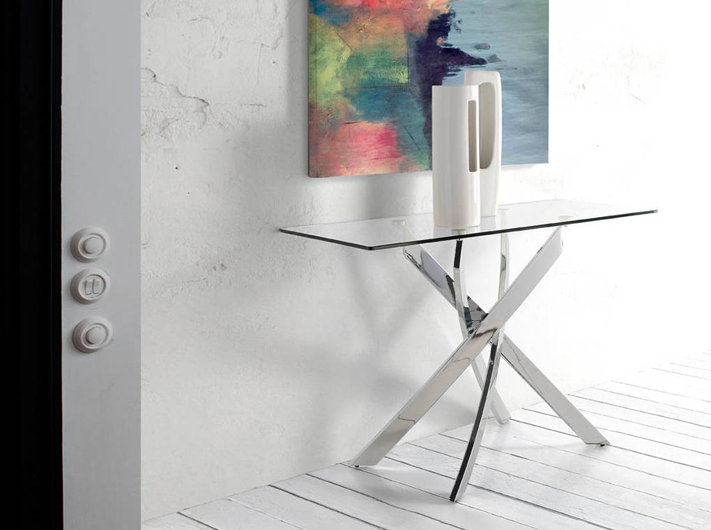 Console with chrome-veneered steel base and tempered glass cover. Console with chrome-veneered steel base and tempered glass cover.