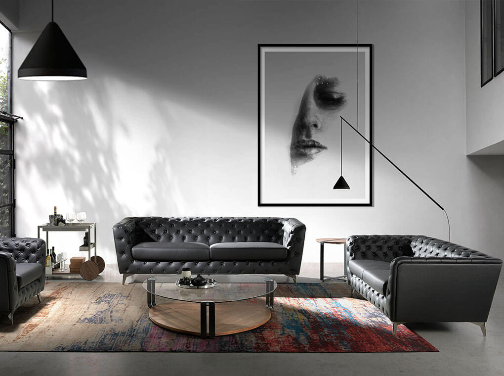 2-seater sofa upholstered in leather with steel legs in grey epoxi 2-seater sofa upholstered in leather with steel legs in grey epoxi