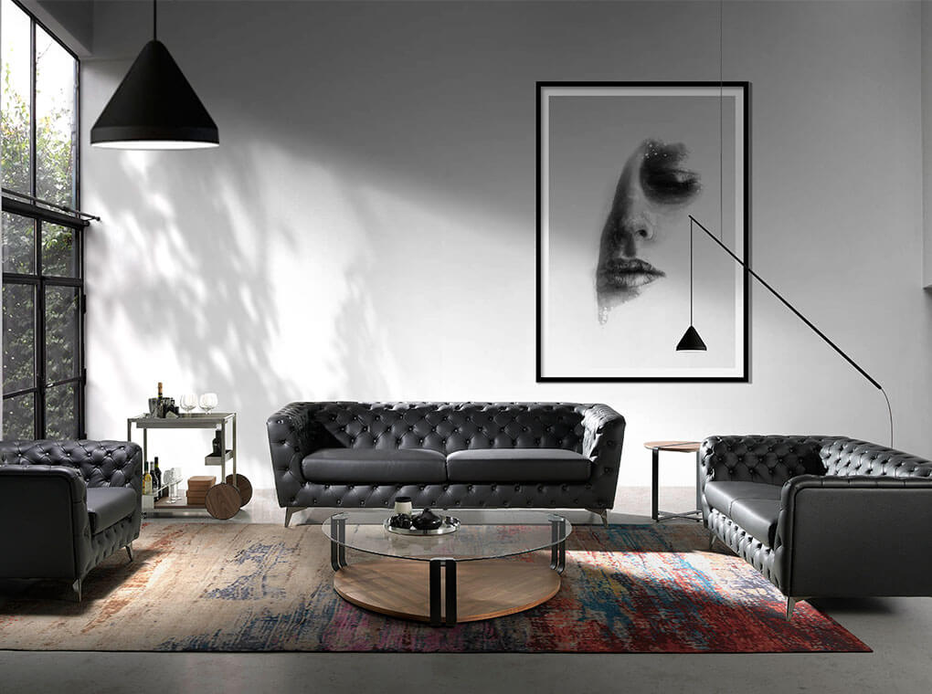 3 Seat Sofa upholstered in leather with steel legs in grey epoxi 3 Seat Sofa upholstered in leather with steel legs in grey epoxi