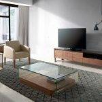 Walnut wood TV cabinet and black tempered glass top