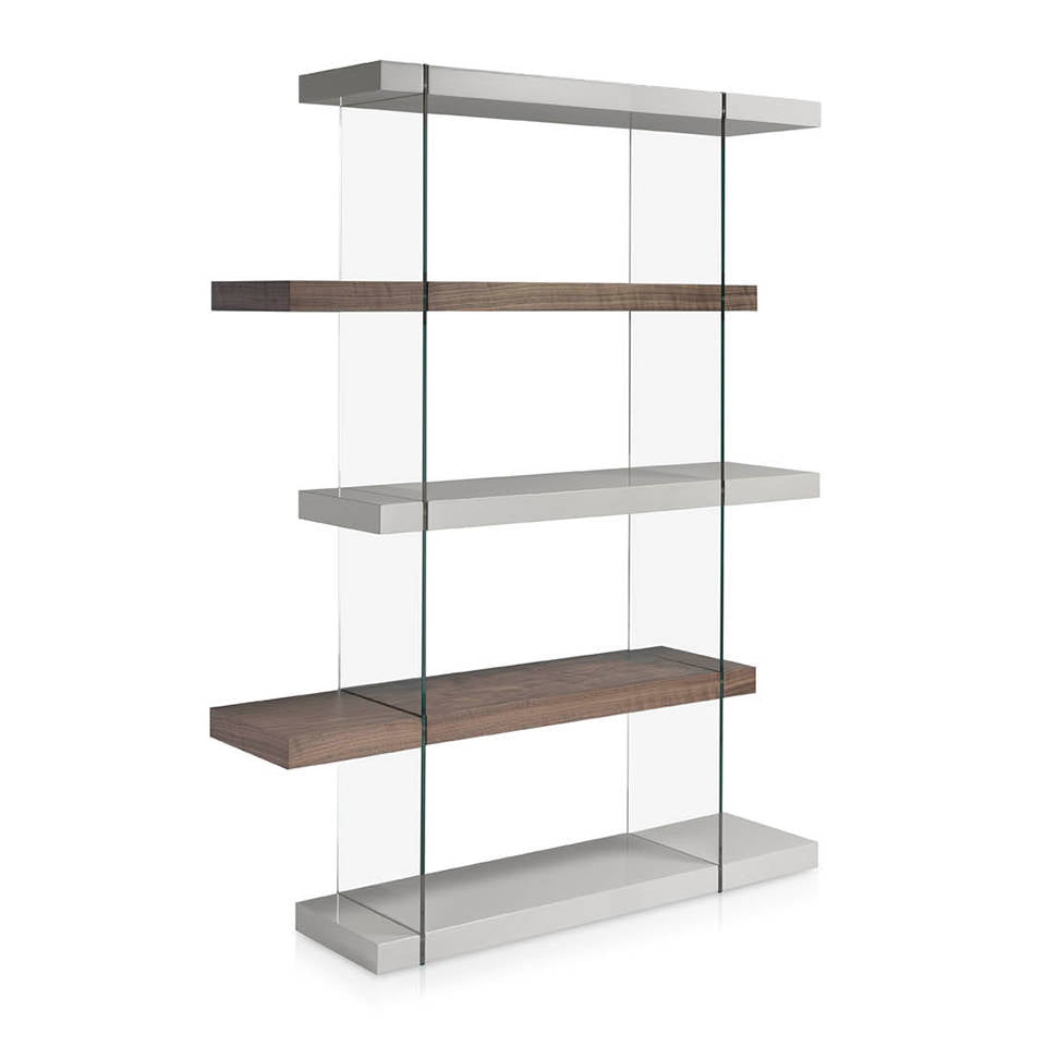 Glass bookshelves with lacquered MD shelves and Walnut-veneered wood. Glass bookshelves with lacquered MD shelves and Walnut-veneered wood.