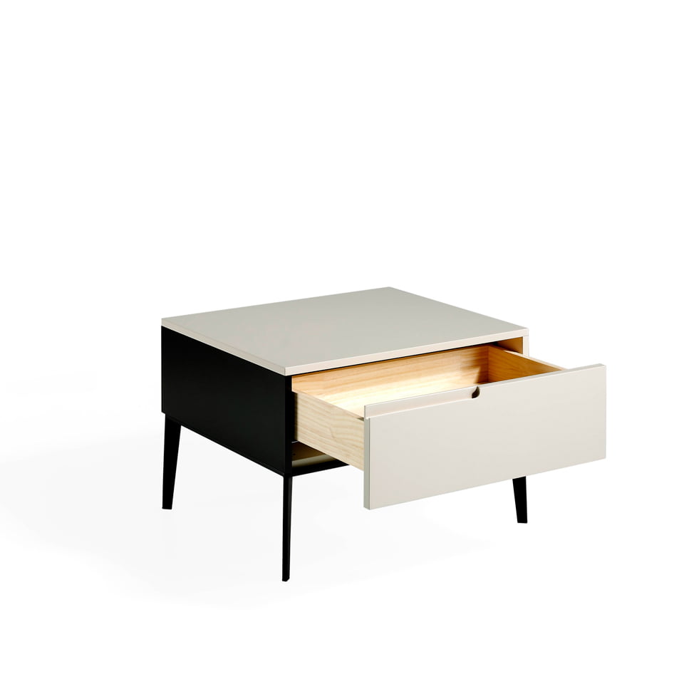 Lacquered bedside table with black steel legs Lacquered bedside table with black steel legs