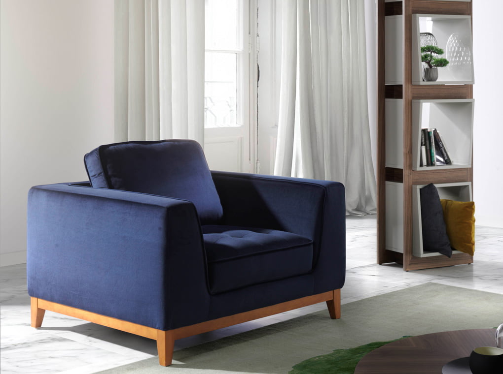 Armchair with legs in wood upholstered in velvet effect fabric Armchair with legs in wood upholstered in velvet effect fabric
