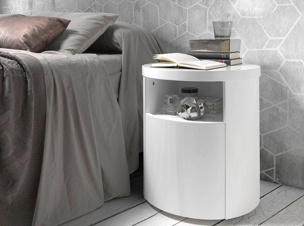 Lacqered Night Table With Drawer, Round Bedside Table With Drawer White