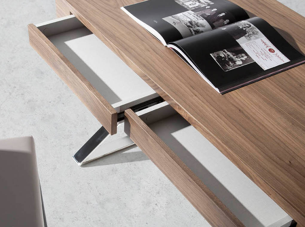 Office desk in walnut veneered wood with stainless steel frame Office desk in walnut veneered wood with stainless steel frame