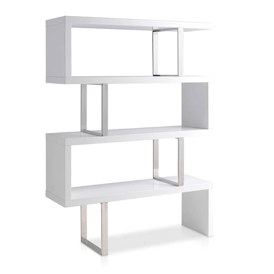 Laquered Mdf bookshelves and stainless steal structure. Laquered Mdf bookshelves and stainless steal structure.