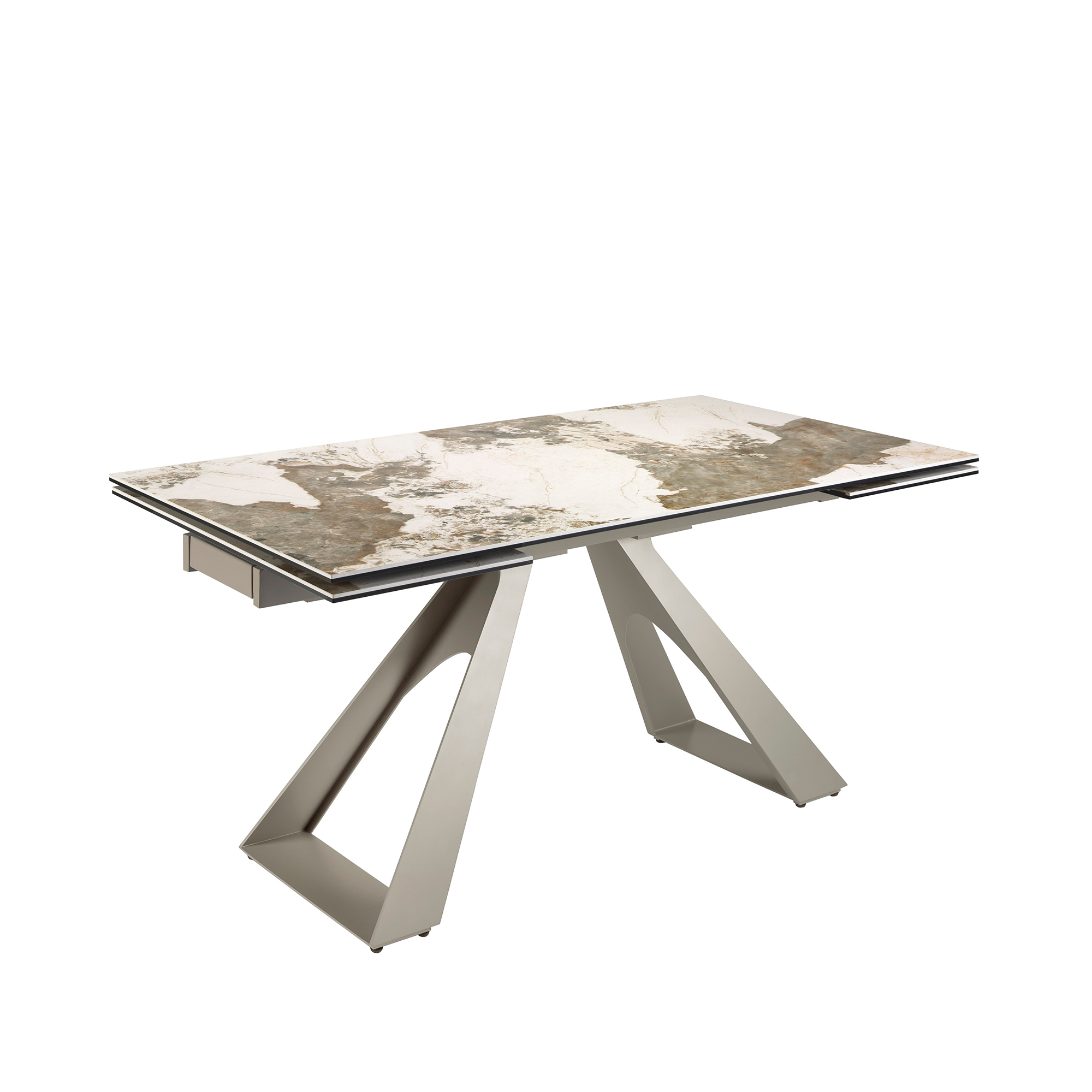 Rectangular extending dining table in porcelain marble and taupe grey steel