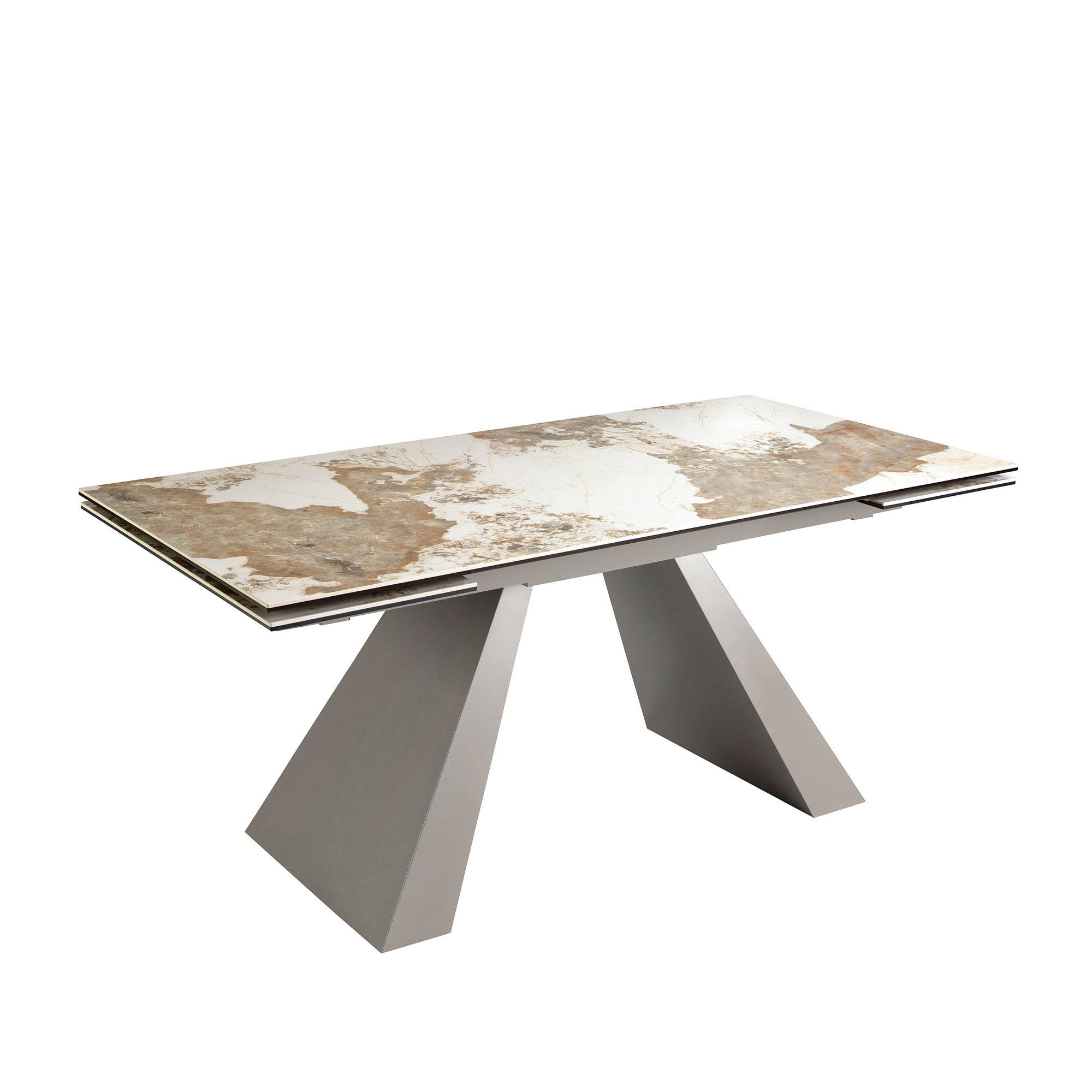 Mesa comedor extensible rectangular mármol porcelánico y acero gris taupé