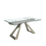 Rectangular extending dining table in tempered glass and taupe grey steel