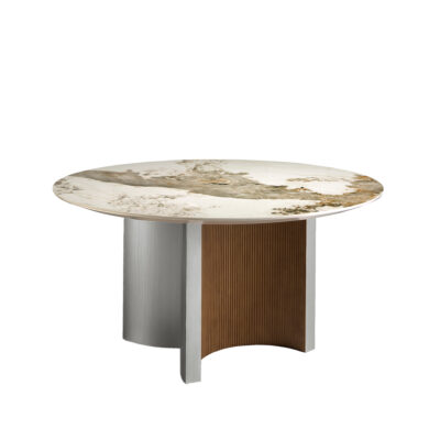 (Español) Mesa comedor redonda mármol porcelánico, nogal y madera color plata Dining table - Angel Cerda