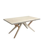 Rectangular extending dining table in porcelain marble, metallic sand steel and walnut