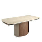 Rectangular extending dining table in porcelain marble, metallic sand steel and walnut