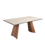 Rectangular extending dining table in porcelain marble and walnut effect steel