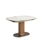 Oval extending dining table with porcelain marble and walnut barrel